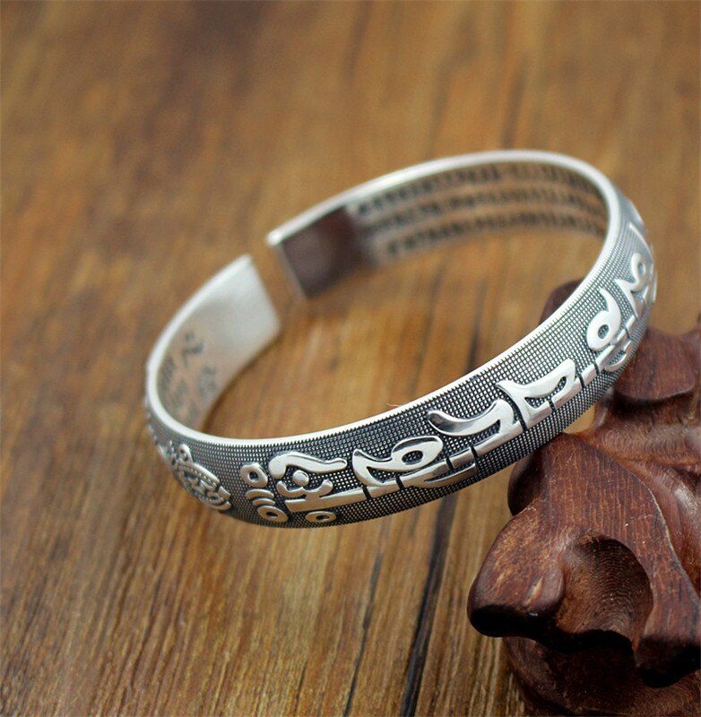 Vintage Verzilverde Manchetknopen Mantra Armband Mannen/Vrouwen Hart Sutra Bangle Lotus Bloem Armband Tibetaans Boeddhisme Etnische Sieraden: Black-2