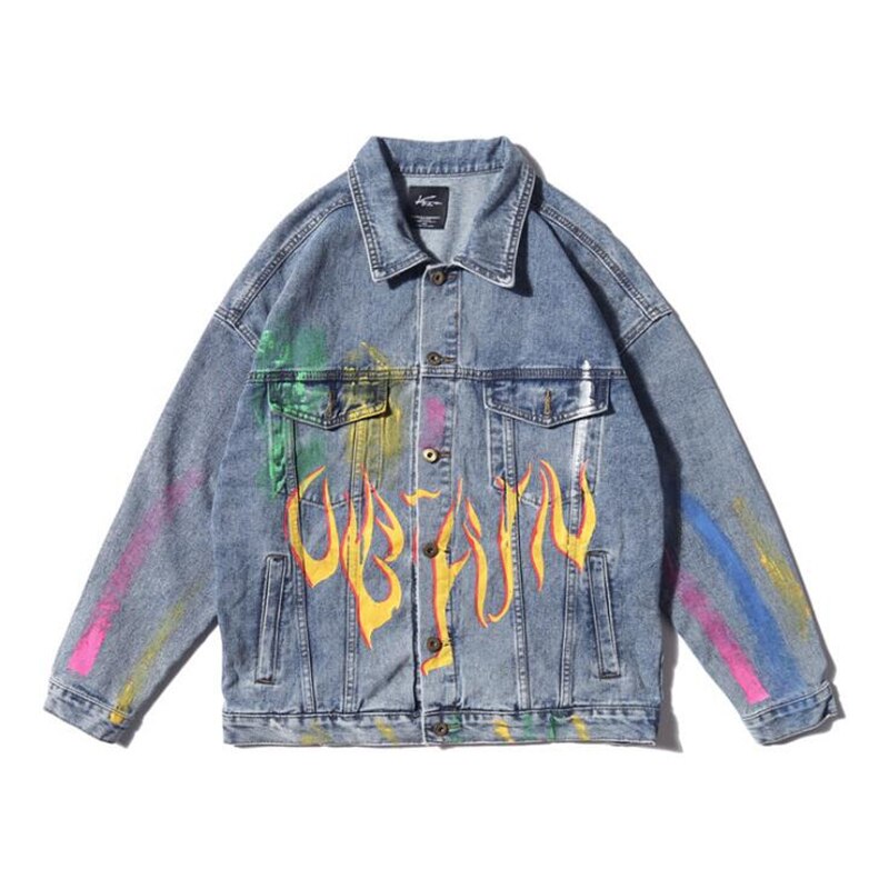 Rainbow Graffiti Vlam Print Denim Jassen Streetwear Hip Hop Casual Bomber Jean Jacket Jassen Tops Blauw Zwart