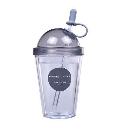 plastic adult mugs with straw milk tea coffee cup with lid double-deck student couple juice glass portable water bottle: gray / 520ml