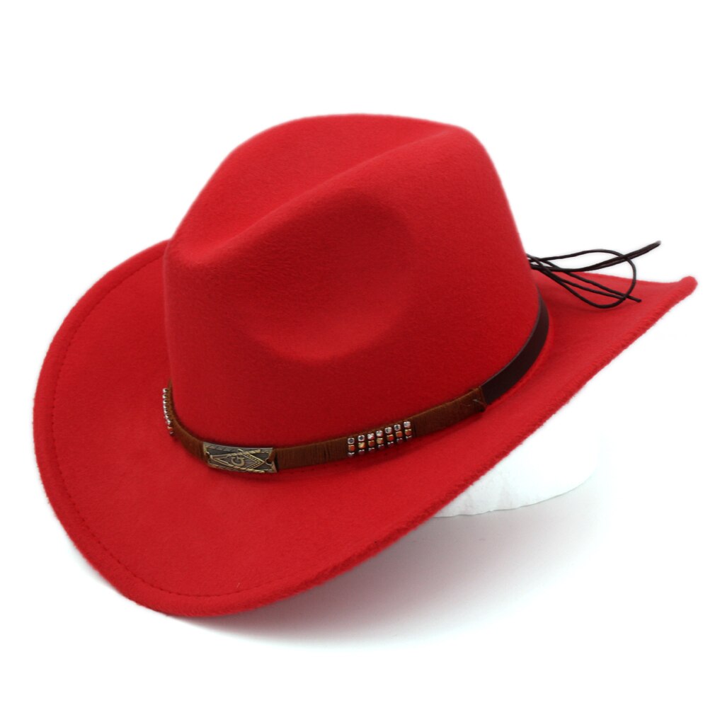 Mistamanecer Estilo Vintage Otoño Invierno sombrero de cowboy del oeste de ala ancha Cowgirl Riding Cap con banda trabajada a mano tamaño 56-58cm: Rojo