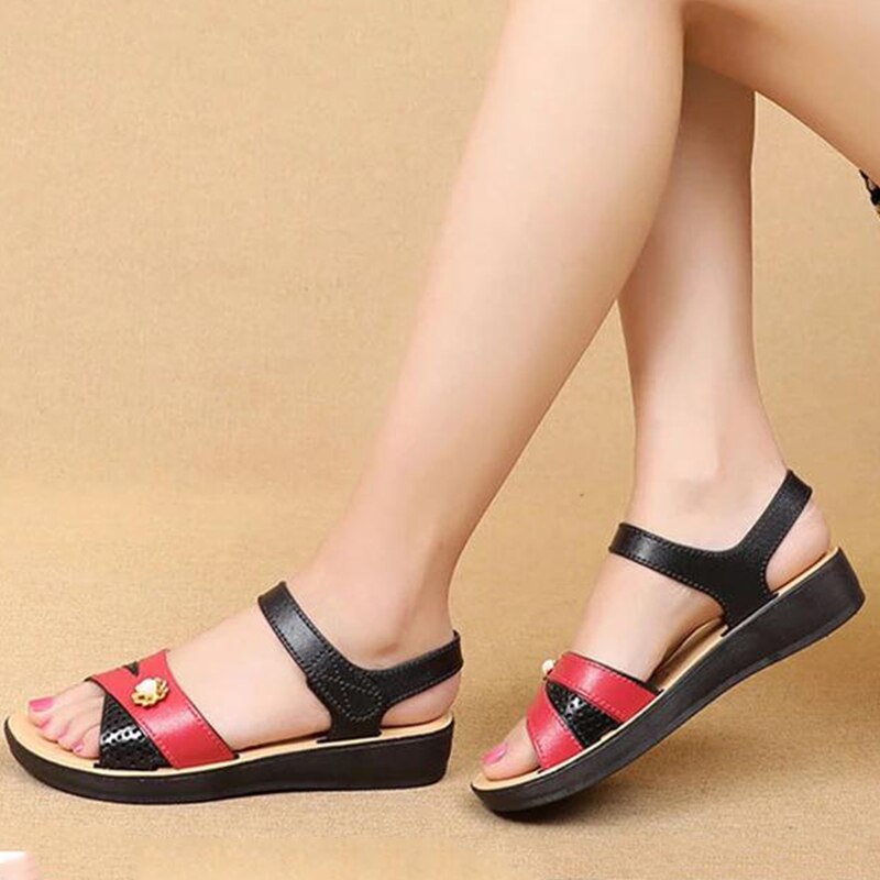 Women's Flats Sandals PU Leather Classic Hook Loop Shoes Woman Non Slip Soft Comfortable Ladies Sandals Summer Mother Footwear