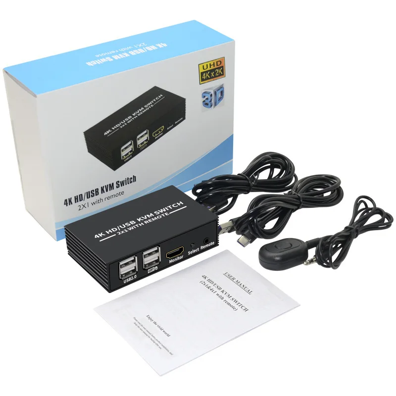 HDMI KVM Switch 2x1 4K HDMI USB Switch Selector 2 in 1 out with 4 Port USB Hub Desktop Controller Sharing Monitor Mouse Keyboard: Default Title