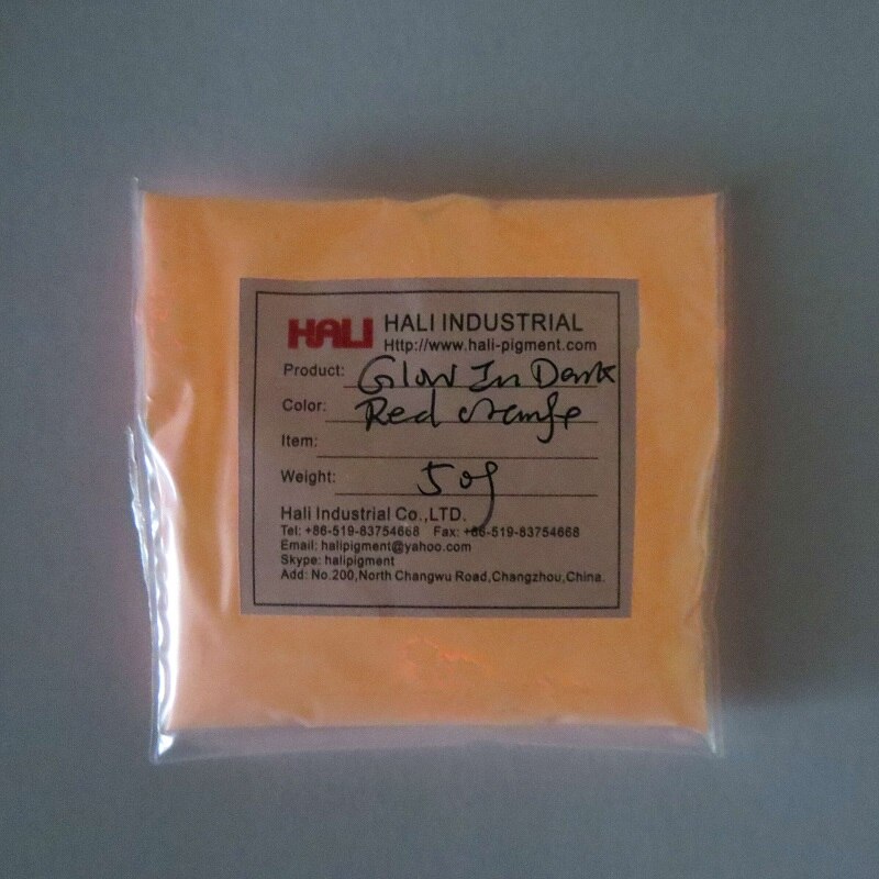 Glow in dark poeder, fotoluminescerend poeder, luminescerend poeder , 1 partijen = 10 kleuren ,10 gram per kleur.: Rood oranje 50g