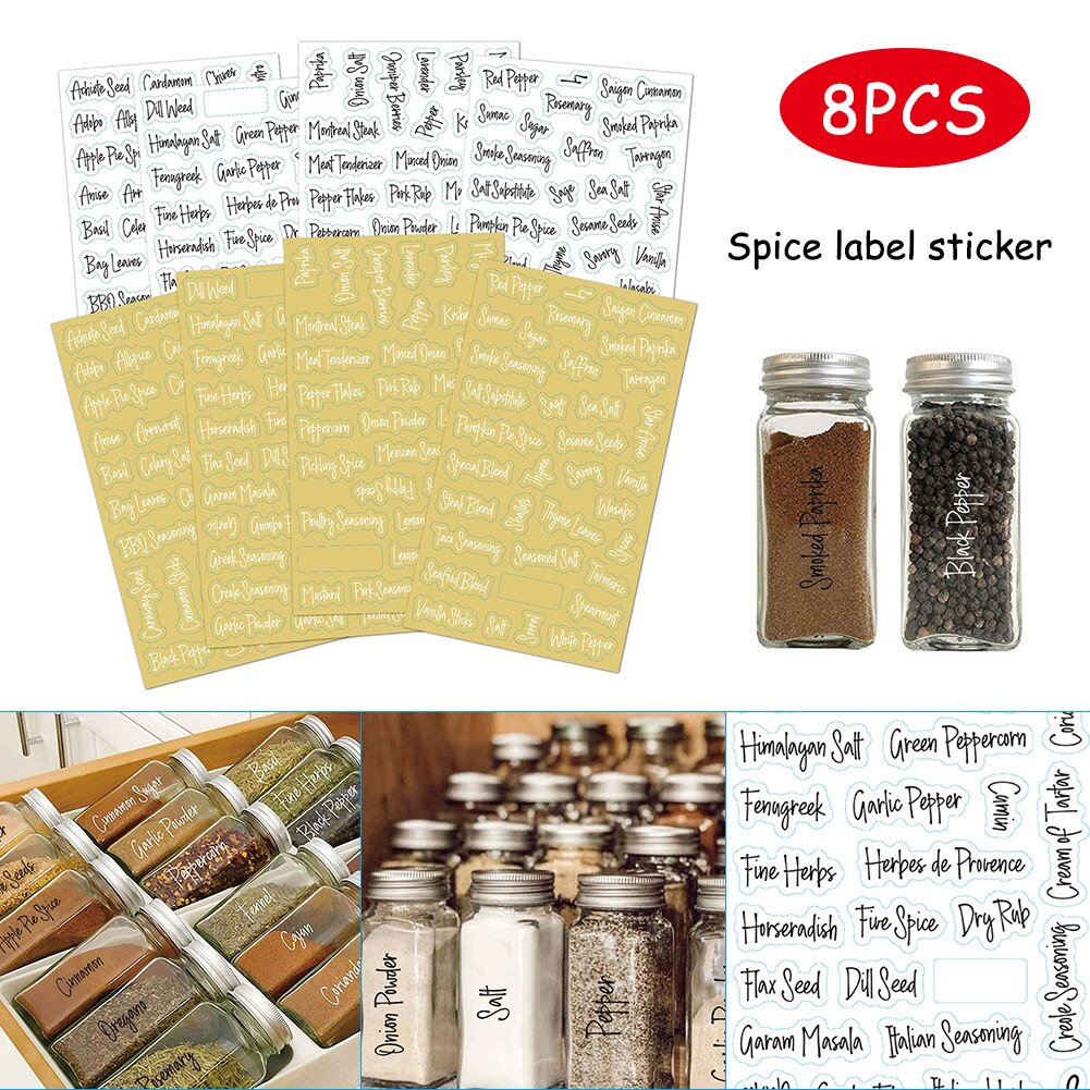 8pcs Spice Label Combo Black and White Preprinted Labels for Spice Jar Durable Spice Stickers Home Decoration Stickers Posters: Default Title