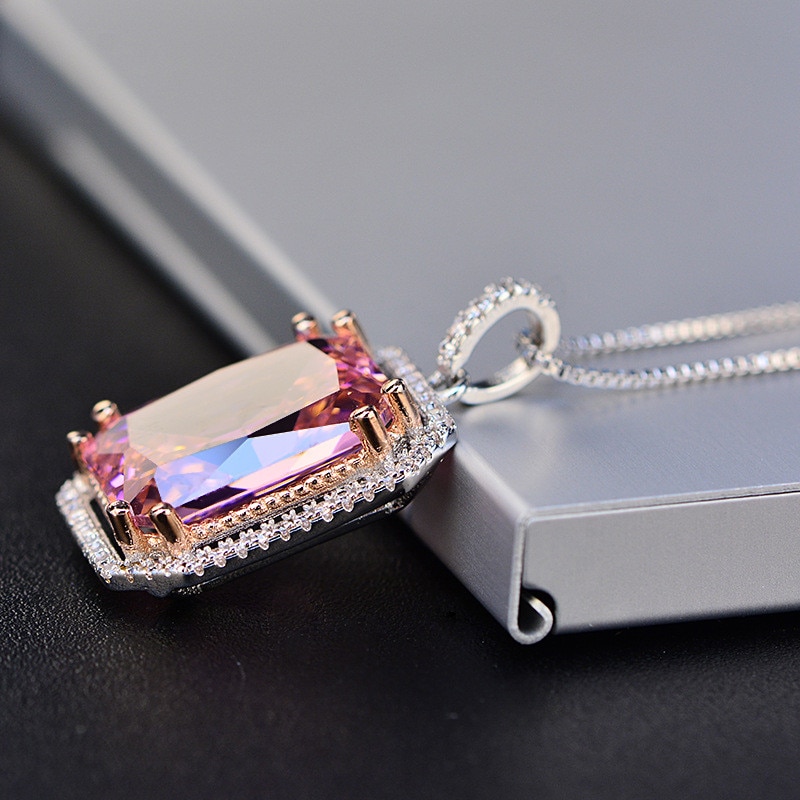 Vintage Pendant For Women Big Square Pink S925 Sterling Created Topaz Cubic Zirconia Necklace Temperament Fine Jewelry No Chain