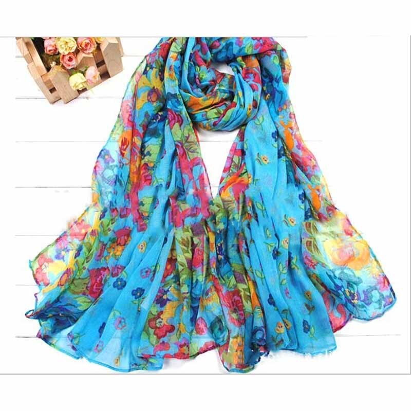 Ladies Floral Flower Scarf Beautiful Women Shawl Stole Wrap Scarves: Blue