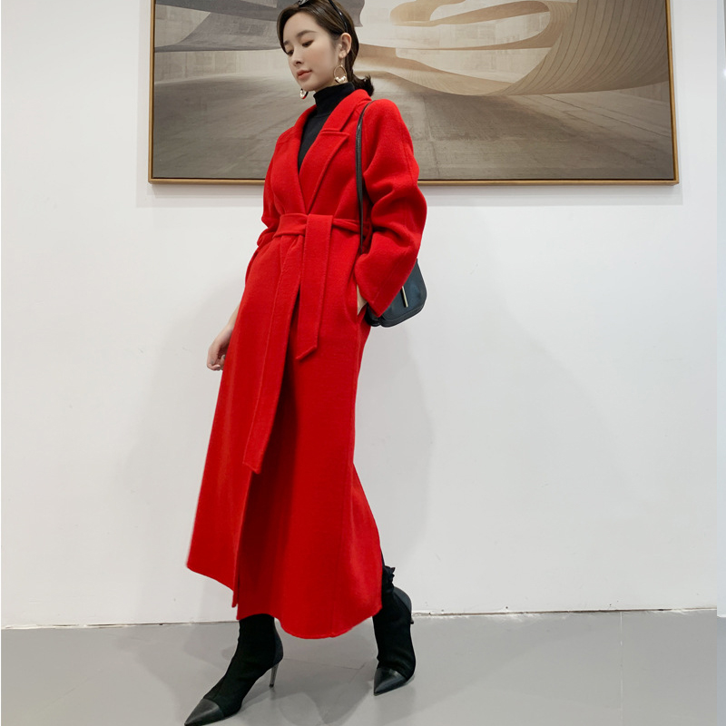 Manteau Long en laine rouge pour femme, haut de gamme, coréenne, ceinture, Slim, Double face, en cachemire, col , collection automne hiver 2022