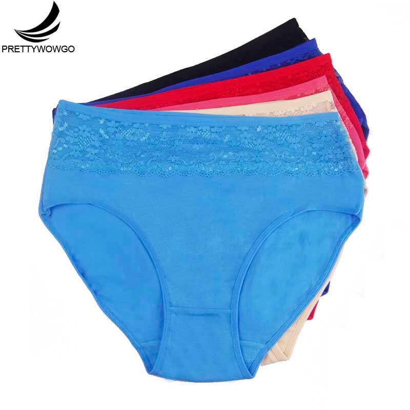 Prettywowgo 6 Pcs/lot Plus Size Women's Clothing High Waist Solid Color Women Cotton Lace Briefs Panties 6956: XXL