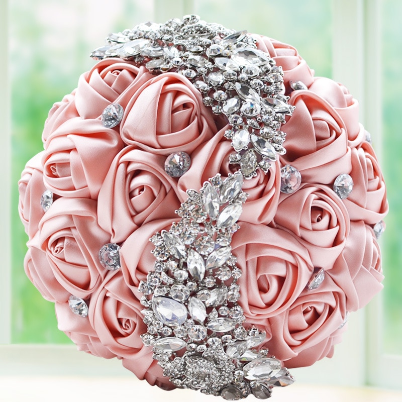 Dusty Pink Crystal Wedding Bouquet Handamde Flowers Rehinestones Beaded Holding Bride Wedding Bouquets Accessories