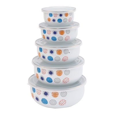 5 Pcs Emaille Ijs Kom Mixing Bowls Met Afdichting Deksel Emaille Kommen Pak Set Behoud Set Ice Box Mini Rijst kom 10-18 Cm Emaye: Orange