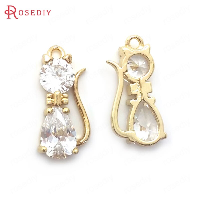 (36442)6PCS 19x9MM 24K Champagne Gold Color Brass with Zircon Cat Charms Pendants Diy Jewelry Findings Accessories