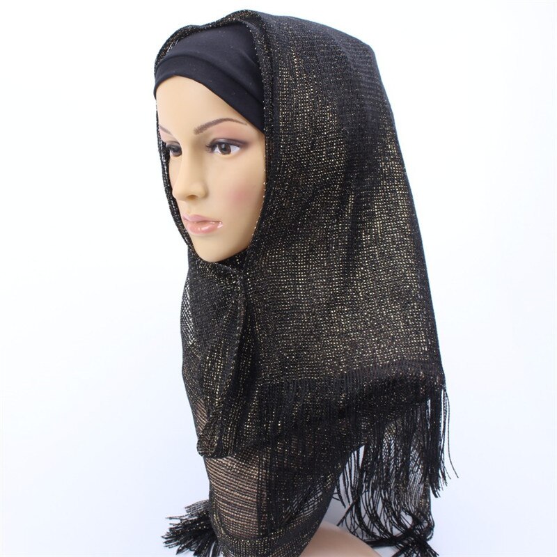 Dianruo suosittu yksivärinen naisten huivi shaalipanta femme bandana tupsut pitsi muslimi hijabit pehmeät päähuivit  n207: Musta