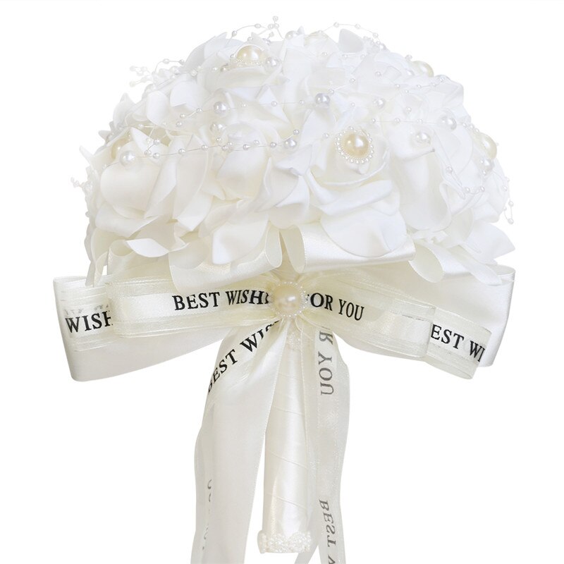 Fleur Rose PE Bouquet demoiselle d'honneur tenant des fleurs mariée ruban De soie Bouquets De Mariage mousse Rose avec perle fête De Mariage W205: white ivory