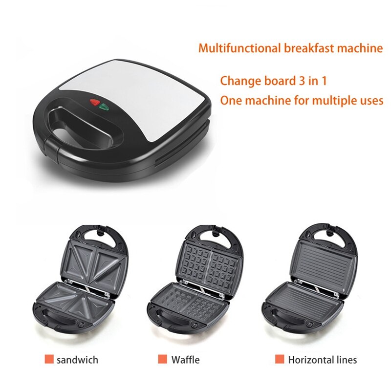 3 in 1 Sandwich Press Waffle and Steak Machine 750W Sandwich Toaster with 3 Detachable Non-Stick Plates US Plug