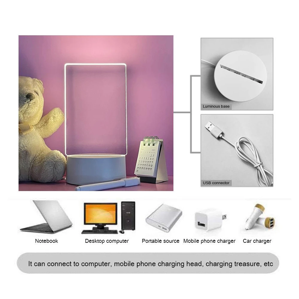 Transparente leuchtende LED-Nachtlichter, USB, leuchtendes Acryl-Nachtlicht, löschbares Schreiben, Nachrichtentafel, Kalender, Desktop-Ornamente