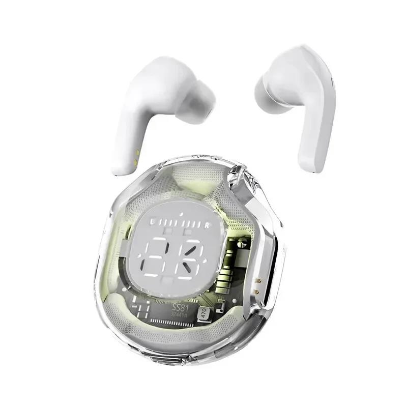 TWS T8 Wireless Bluetooth Headset Transparent Headphones LED Power Digital Display Stereo Sound Sport Earphones for Cell Phone: WHITE