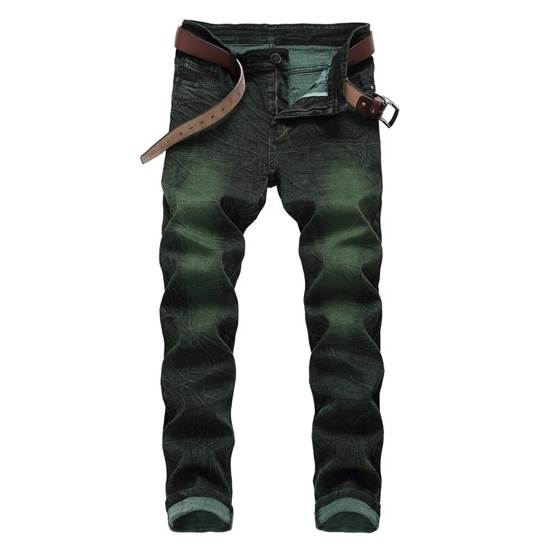 Los hombres de los pantalones vaqueros verde Hip Hop pantalones vaqueros de motorista delgados destruido Fry copos de nieve Slim Fit pantalones de elástico Streetwear 6671