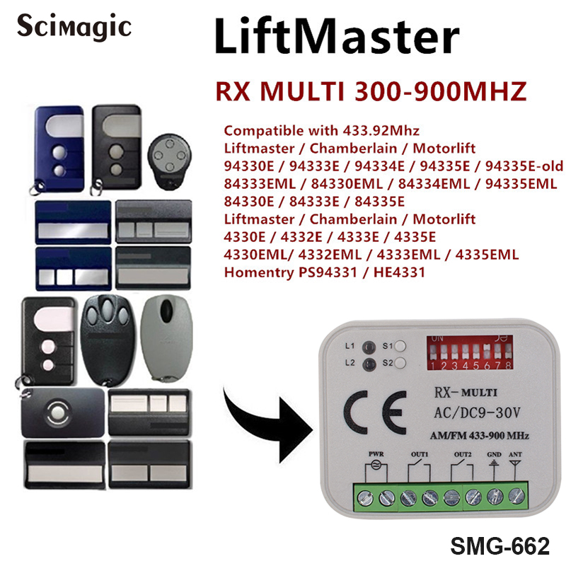Universal Multi Frequency 300-900MHz Garage Door Remote Control Receiver 2 CH Controller Switch For 433 868 MHz Transmitter
