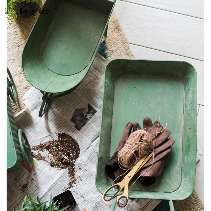 hand made antique retro green metal flower cart planters