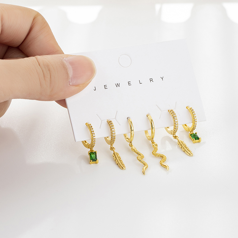 Sipengjel 6 Pcs Set Green Zirkoon Snake Hanger Oorbellen Prachtige Blad Kleine Hoepel Oorbellen Voor Vrouwen Sieraden