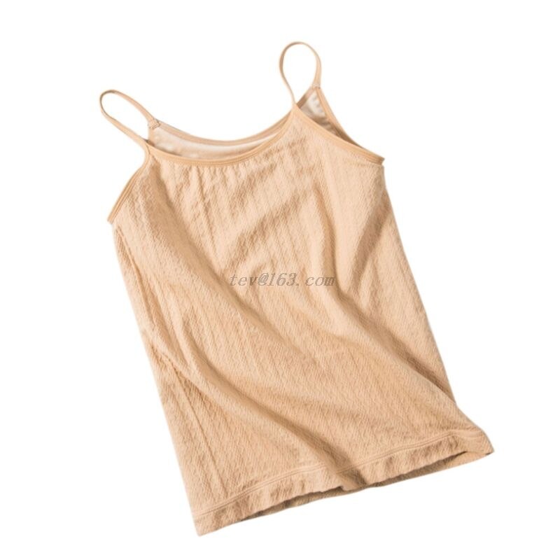 Dam vinter varm förtjockad plysch linne spagetti remmar v-ringad smal bottenväst enfärgad camisole skjorta: Beige