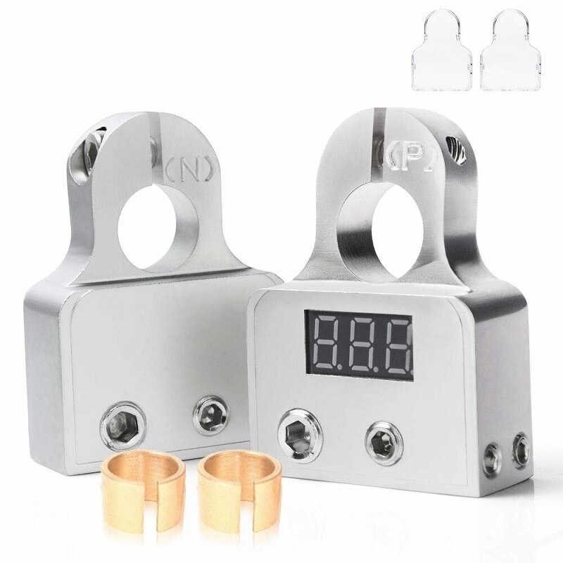 MNJ Motor Morsetti Batteria Auto Con Voltmetro | Coppia Positivo/Negativo | Fori 0/4/8 AWG E Coperture Acriliche | 17,5 Mm