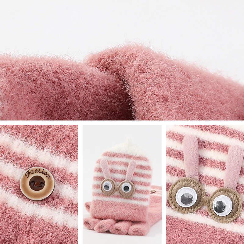 Balleenshiny Kinderen Handschoenen Kids Wanten Winter Plus Fluwelen Warme Tas Vinger Cartoon Gestreepte Half Vinger Gebreide Handschoenen