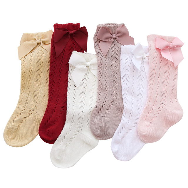 Calcetines de algodón con lazo grande para niñas, medias cómodas con agujeros, hasta la rodilla, de 0 a 5 años