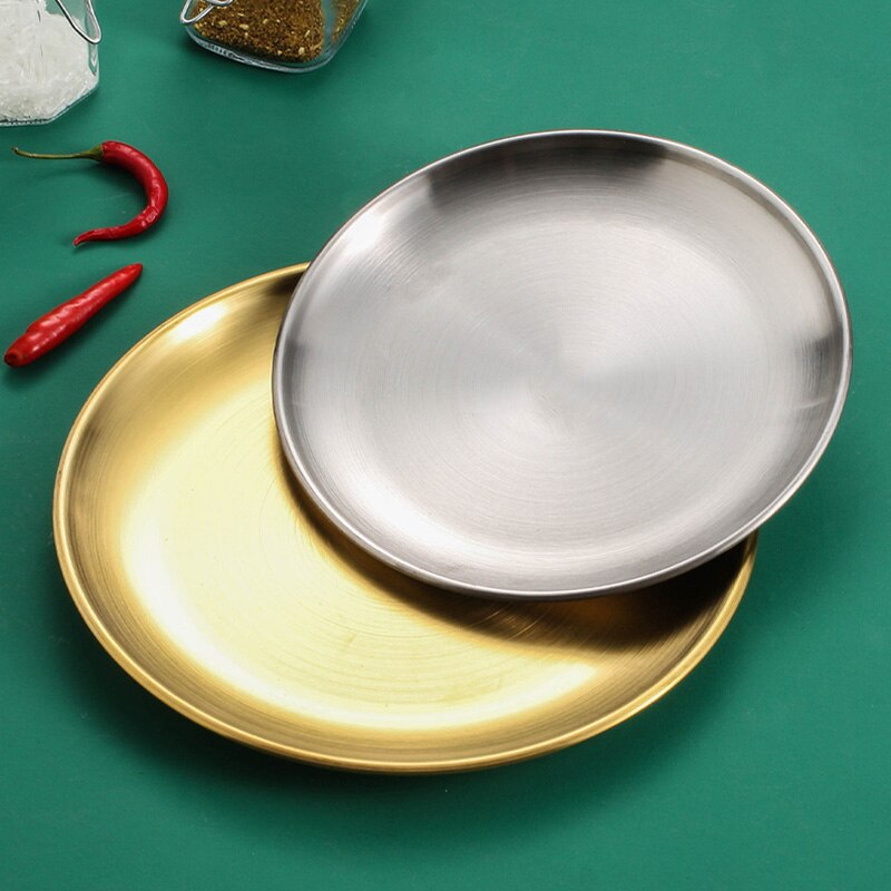 Korean Stainless Steel Round Steak Plate Tray Single Layer Hairline Finish Mirror Steak Tray BBQ Tableware Dish