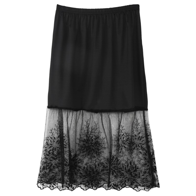 Kant Half Slip Rokken Extender Elastische Taille A-lijn Hollow Petticoat Onderrok XX9F: Black