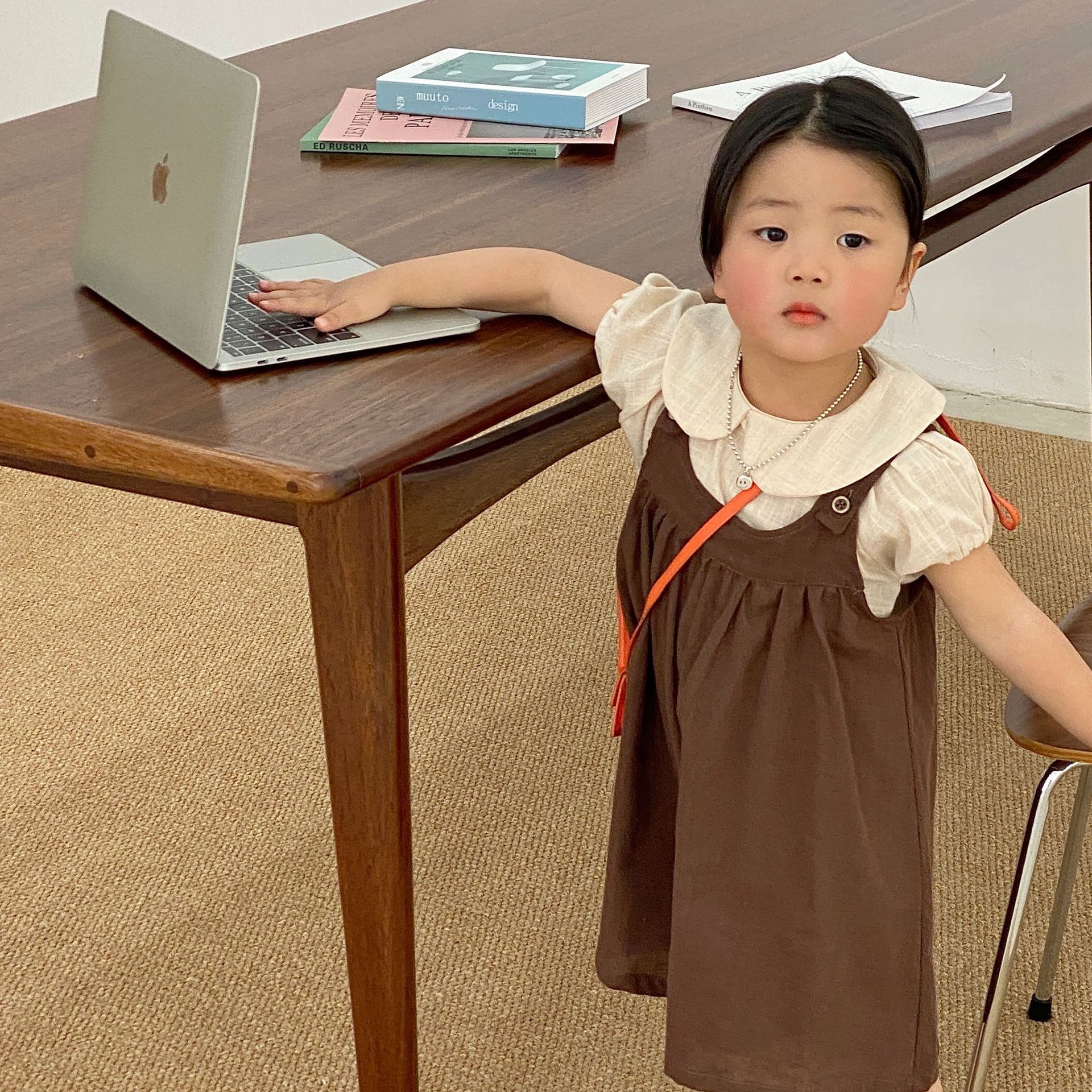 1752B 2022 camicie per bambini estive nuove ragazze coreane camicetta bavero tinta unita manica corta cotone lino camicie per bambini