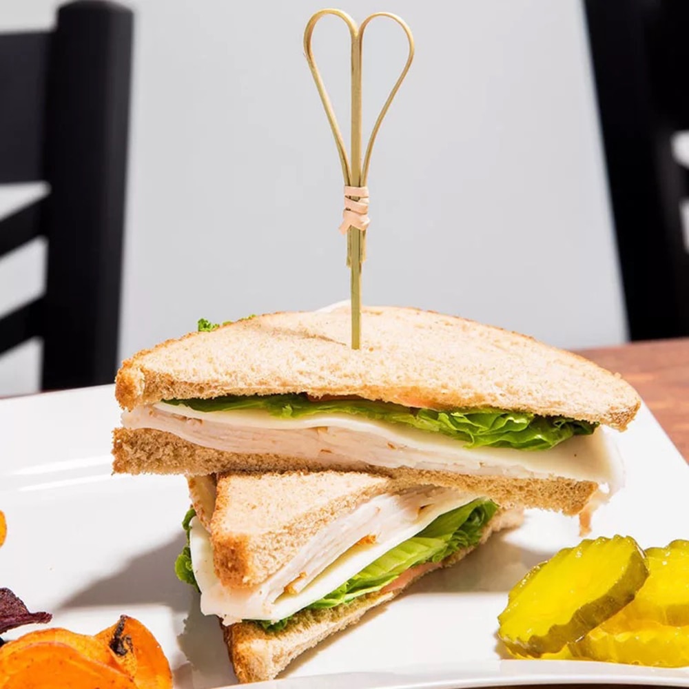 50PCS Disposable Bamboo Stick with Twisted End Scissors Shape for Barbecue Snack Sandwich Fruit Food Bamboo Stick 12cm Length