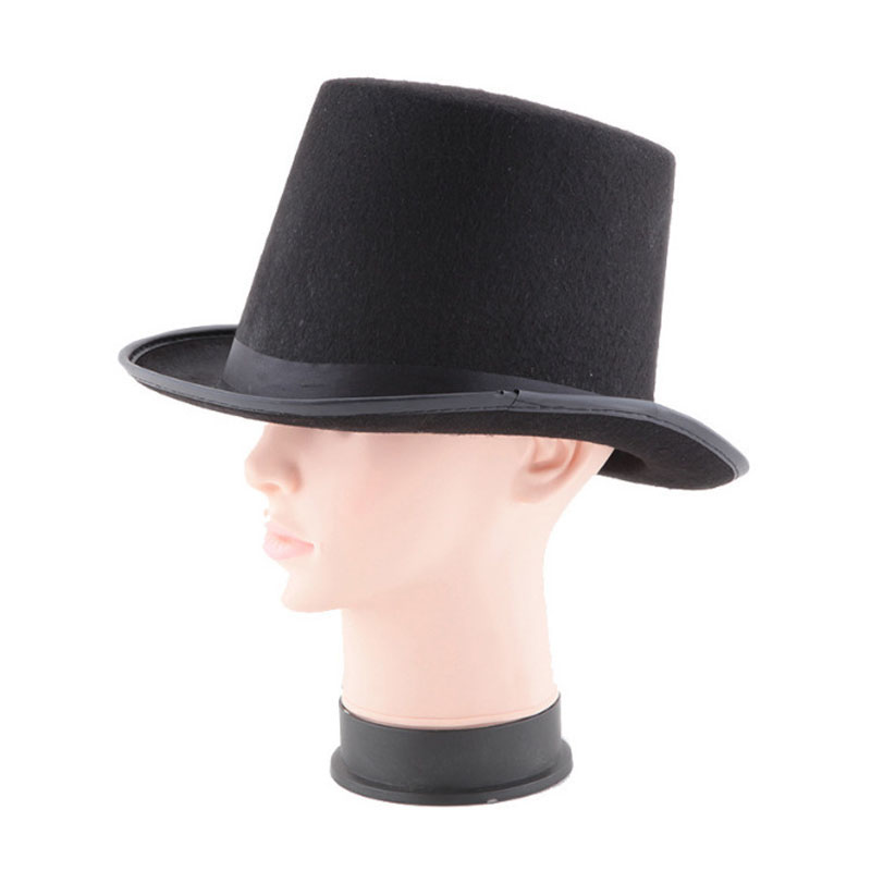 Svart topp lue satin høye caps voksne barn flate kuppel topp hatter for tryllekunstner kostyme forestilling teaterstykker musikaler fedora