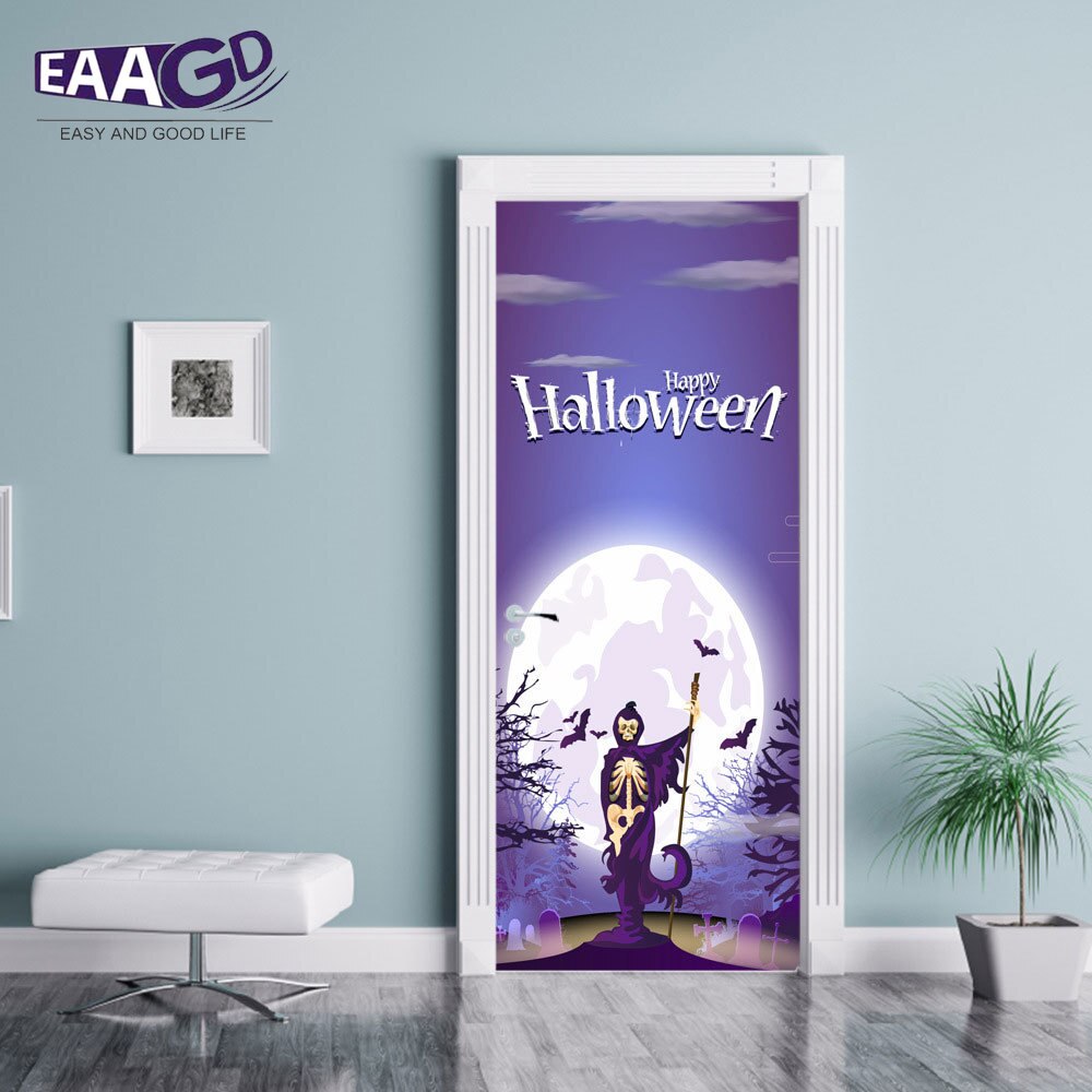 2Pcs/Set Halloween Door Sticker, Halloween Graveyard Door Wall Sticker Peel And Stick Removable Wallpaper Horrible Door Decal