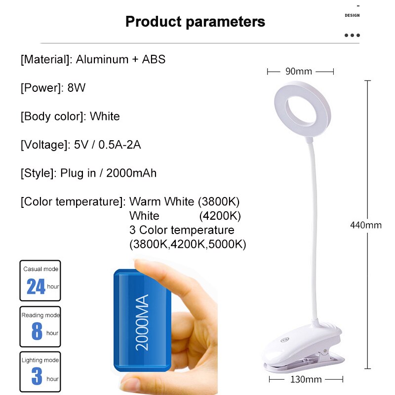 Usb genopladelig led bordlampe fleksibel berøringsdæmpning bordlampe klip på lampe til bogseng og computer 3 farvetilstande zzd 0019