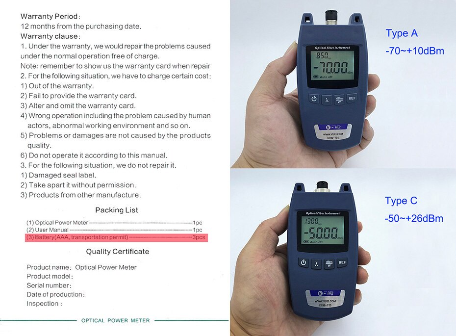 KING-70S Fiber Optische Power Meter Glasvezel Kabel Tester-70dBm ~ + 10dBm