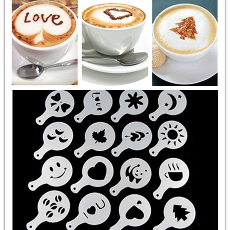 16 stks/set Mode Cappuccino Koffie Barista Stencils Fancy Koffie Melk Bubble Spray Sjabloon Tools B