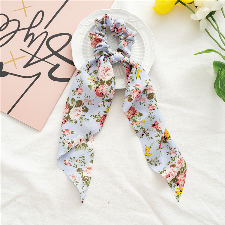 Druck Bogen Satin- Mädchen Elastische Haar Bands Haar Zubehör Lange Band Pferdeschwanz Schal Haar Krawatte Frauen Scrunchies Stirnband