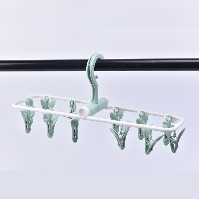12 Clip Folding Drying Rack Multi-functional Underwear Socks Clip Plastic Rack Clothes Hanger Dryer Towels Cloth Drying Rack: Green