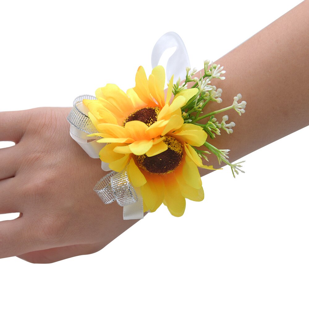 JaneVini – Bouquet de mariée tournesol jaune, fausses fleurs, feuilles vertes, roses artificielles, broches de mariée,: Wrist Flower White