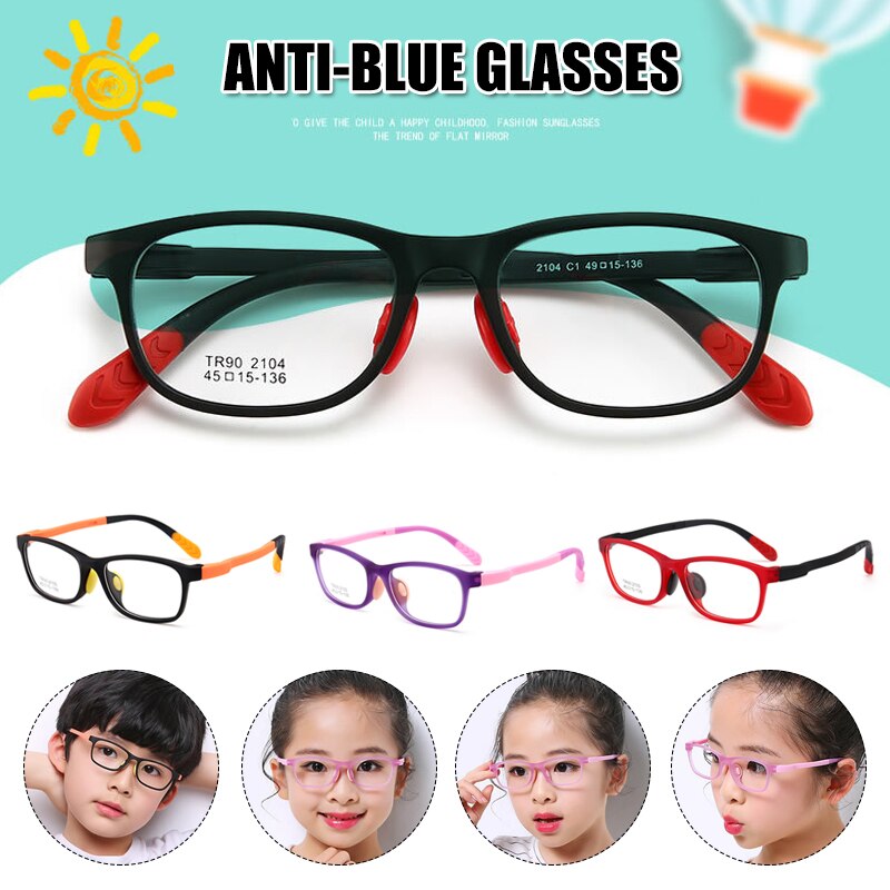 Glasses for Kids Boys Girls TR90 Square Flexible Frame Anti-Eyestrain Anti-Glare Age 4-10 LXH