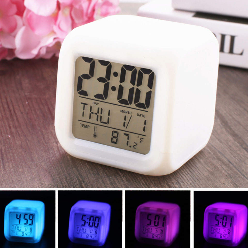LED Alarm Colock 7 Colors Changing Digital Desk Gadget Digital Alarm Thermometer Night Glowing Cube led Clock Home TSLM1 BTZ1