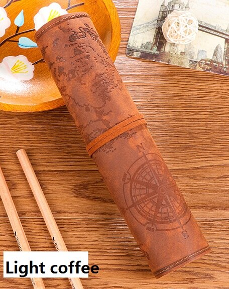 Mariyana etui retro schatkaart etui vintage luxe oprolbaar zakje leren pu etui schrijfwaren: Lichte koffie