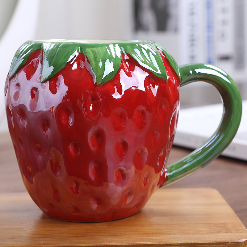Taza de cerámica de fruta colorida creativa, taza de piña y fresas, fruta de dibujos animados, taza de leche para desayuno para niños, tazas de café: Negro