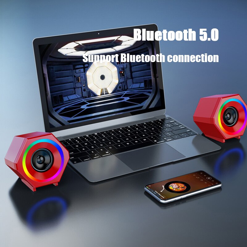 Red USB Wired Bluetooth Computer Speakers AUX Input USB Powered Wireless Bass Reinforcement Mini Speaker for Laptop Desktop