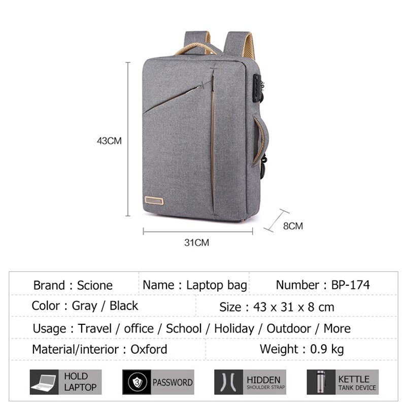 Scione menn solid business laptop ryggsekk skjul skulderreim vesker for menn kvinner student passordlås fritid skole ryggsekk