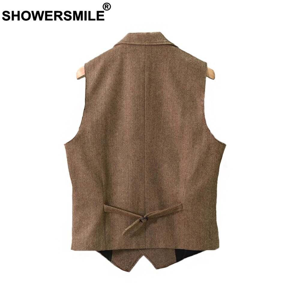 SHOWERSMILE Vintage Tweed Vest Herringbone Striped Suit Vest Light Brown Waistcoat Vest Slim Fit Sleeveless Jacket Gilet Homme