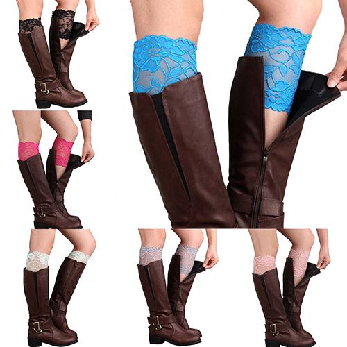 Women Girls Stretch Flower Lace Trim Boot Cuffs Leg Warmers Top Socks