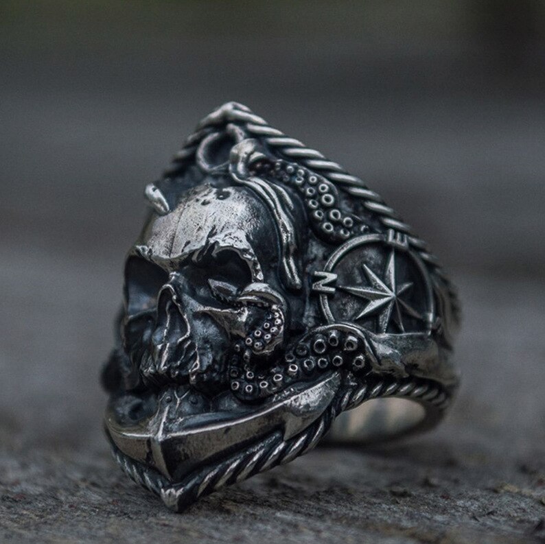 Vintage Mannen Anker Ring Unieke Piraat Octopus Anker Adsorptie Kompas Stijl Punk Motorcycle Bike Charm Ring