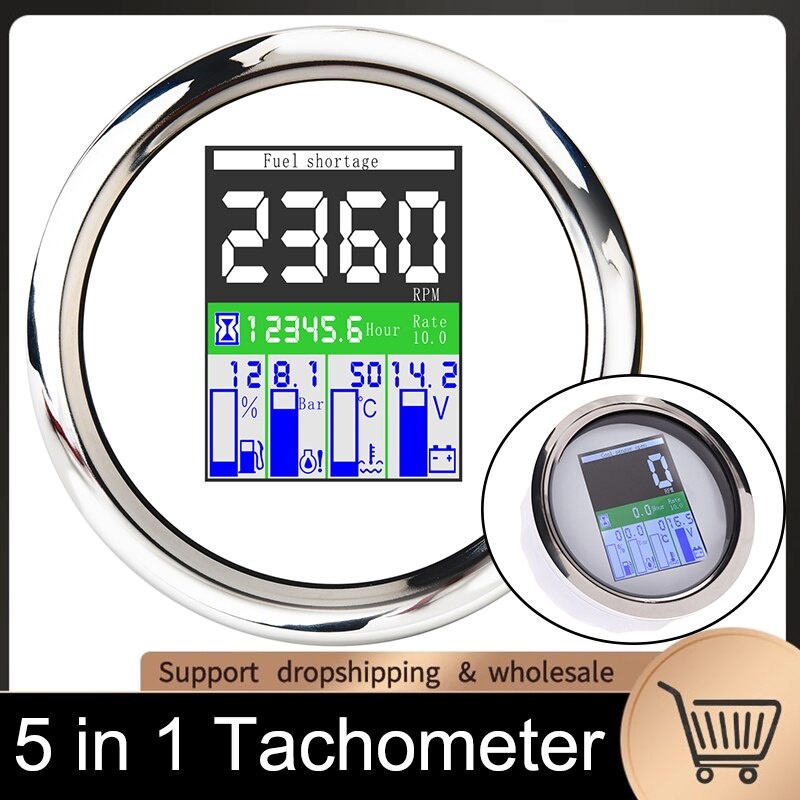 85mm TFT 5 in 1 Multi-functional Gauge Digital Tachometer 9-32V Hours Fuel Level Water Temp Oil Pressure Meter 0~9999 RPM Alarm